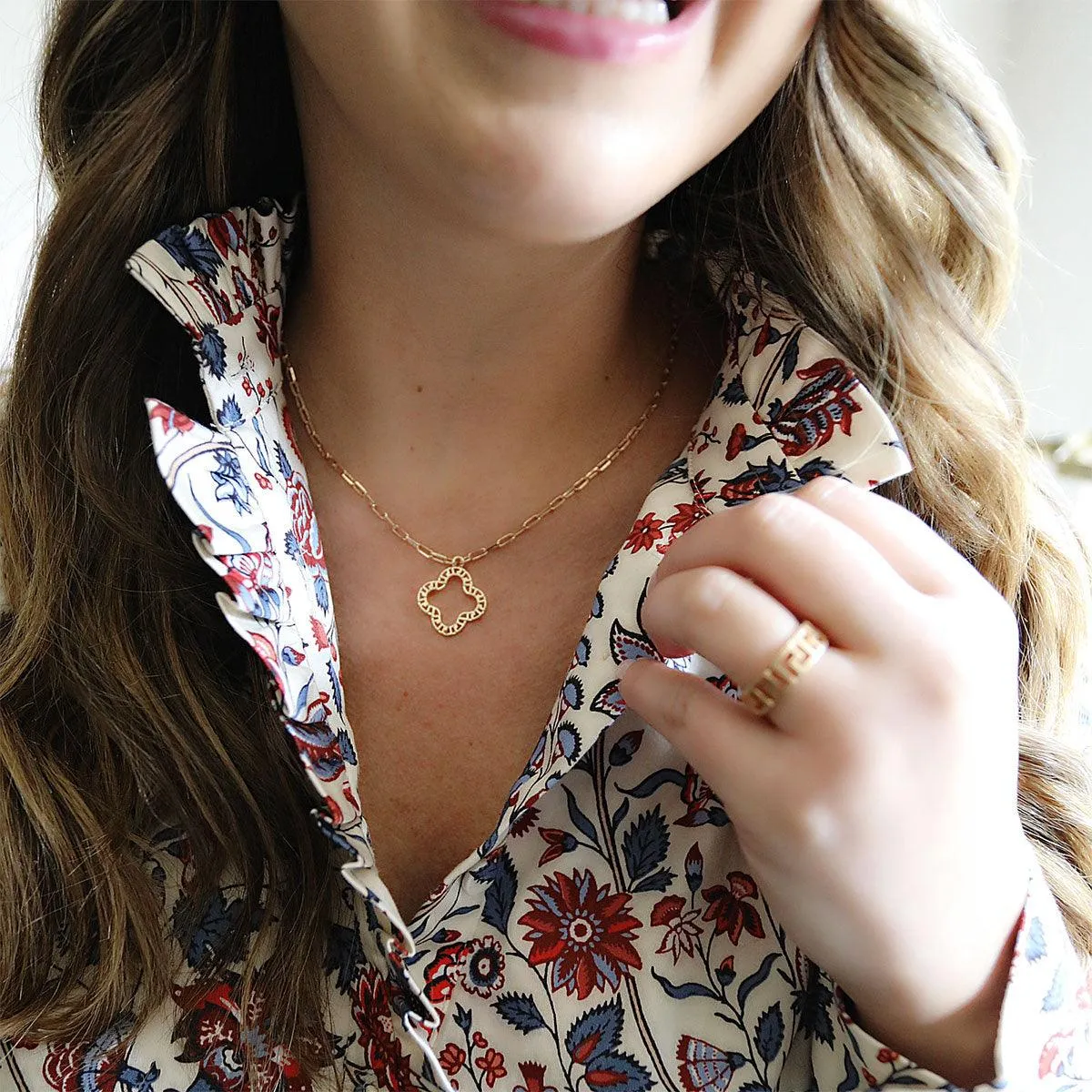 Coral Greek Keys Clover Necklace in Worn Gold sold by Canvas Style product image thumbnail 3