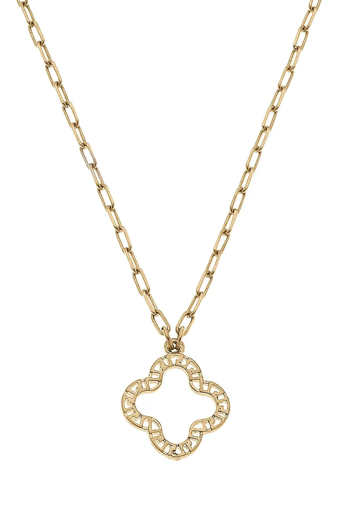Coral Greek Keys Clover Necklace in Worn Gold sold by Canvas Style