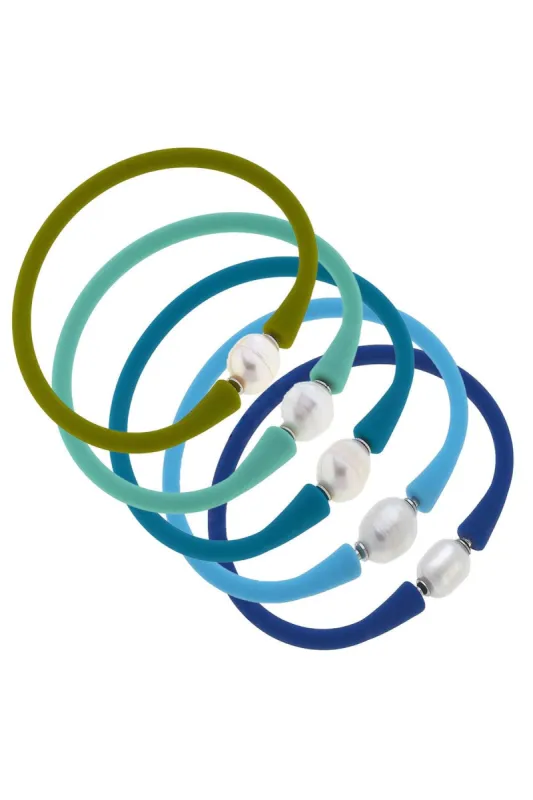 Bali Freshwater Pearl Silicone Bracelet Stack of 5 in Peridot, Mint, Teal, Aqua & Royal Blue sold by Canvas Style