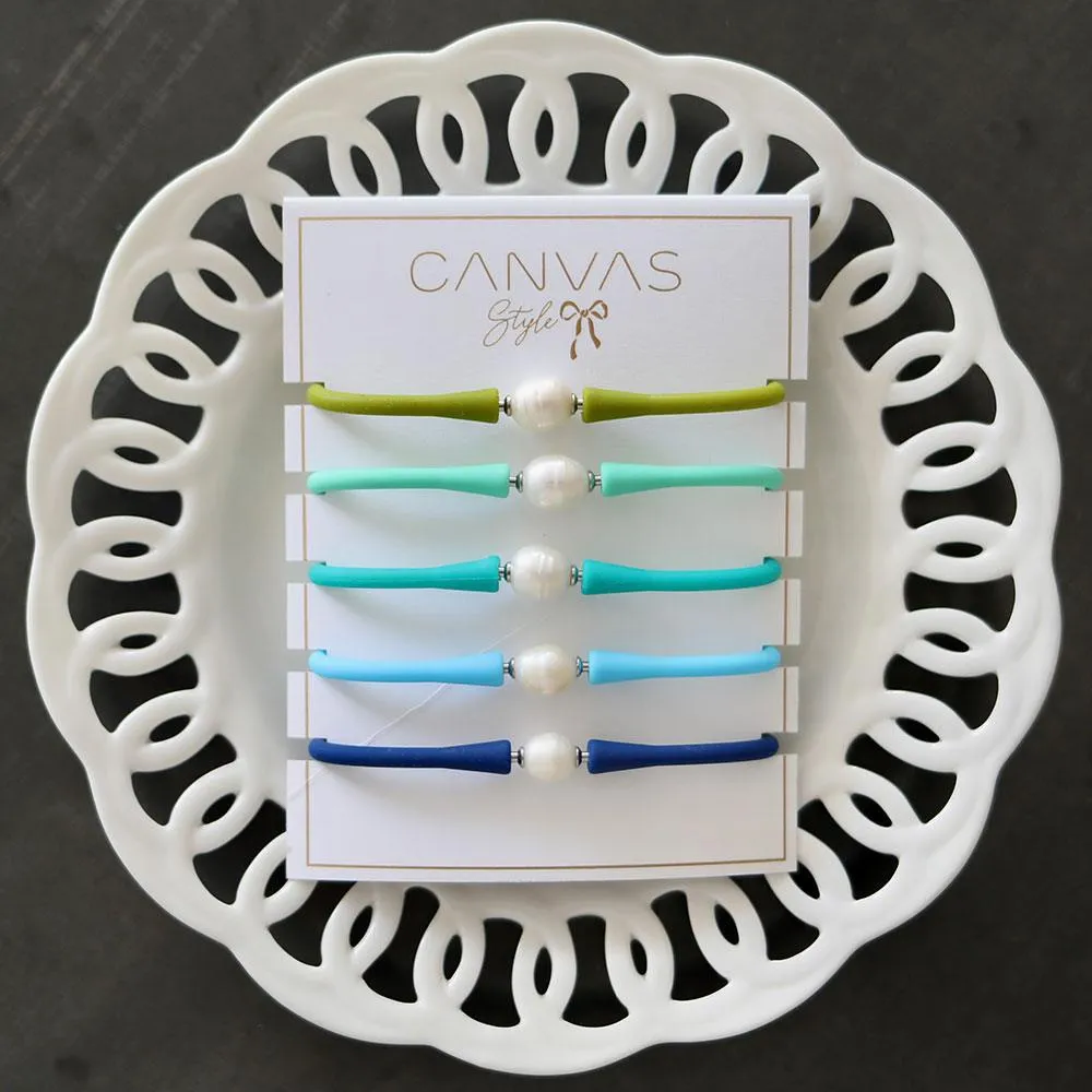 Bali Freshwater Pearl Silicone Bracelet Stack of 5 in Peridot, Mint, Teal, Aqua & Royal Blue sold by Canvas Style product image thumbnail 2