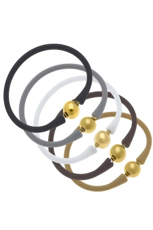 Bali 24K Gold Silicone Bracelet Stack of 5 in Black, Steel Grey, White, Chocolate & Cocoa sold by Canvas Style