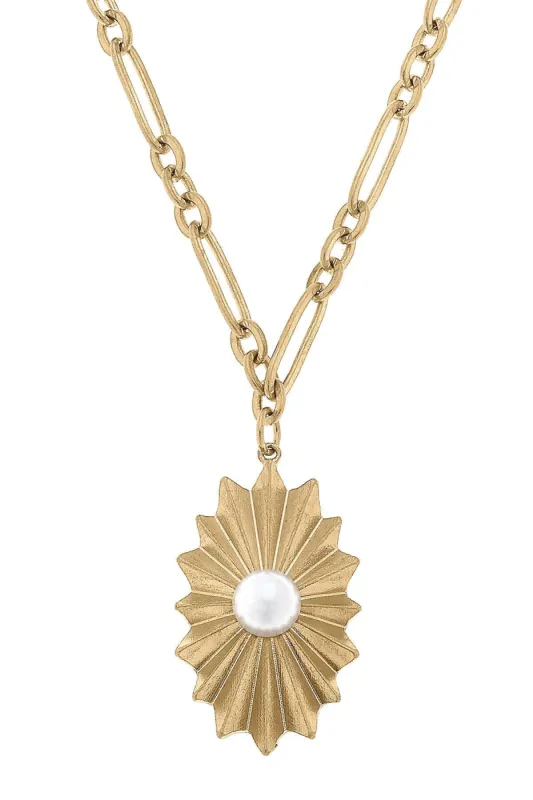 Monique Sunburst Rosette & Pearl Statement Necklace in Worn Gold sold by Canvas Style