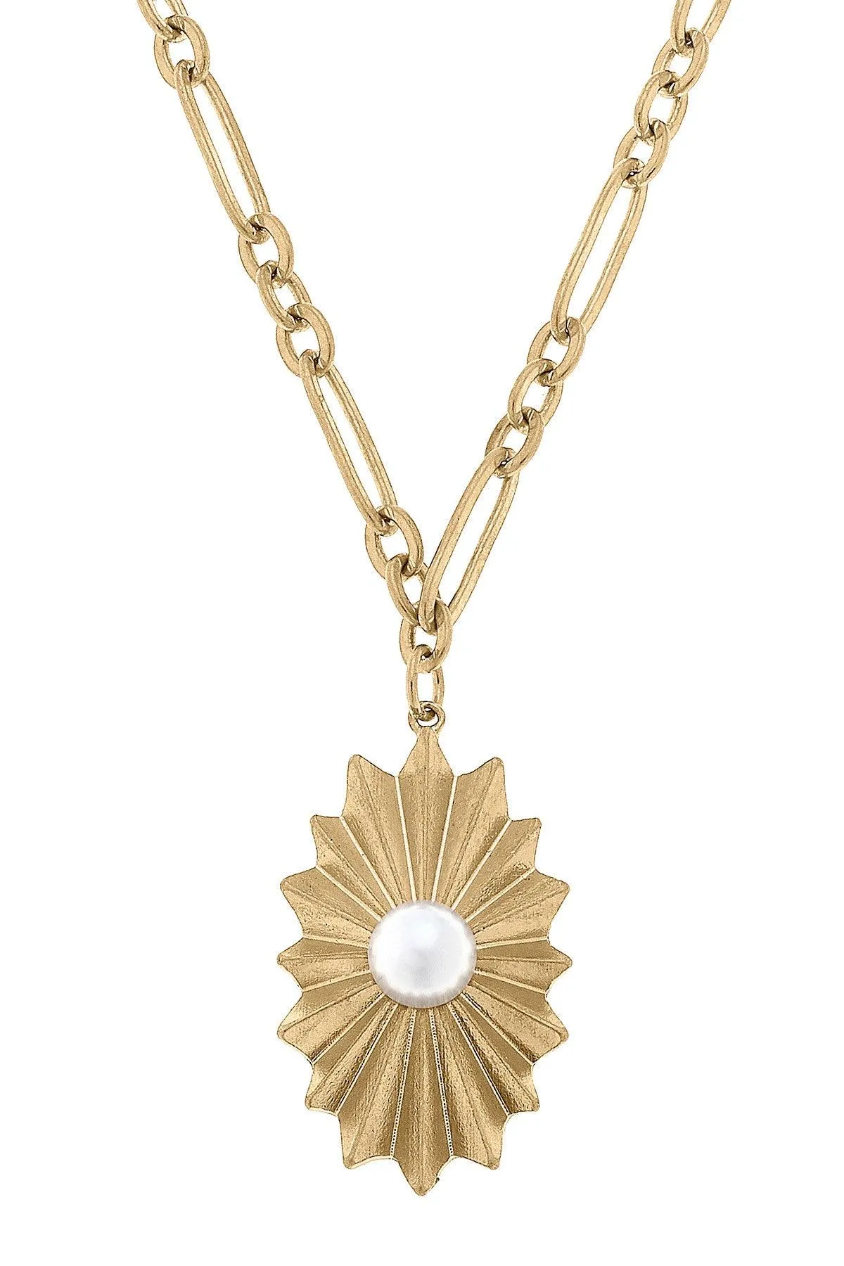 Monique Sunburst Rosette & Pearl Statement Necklace in Worn Gold sold by Canvas Style