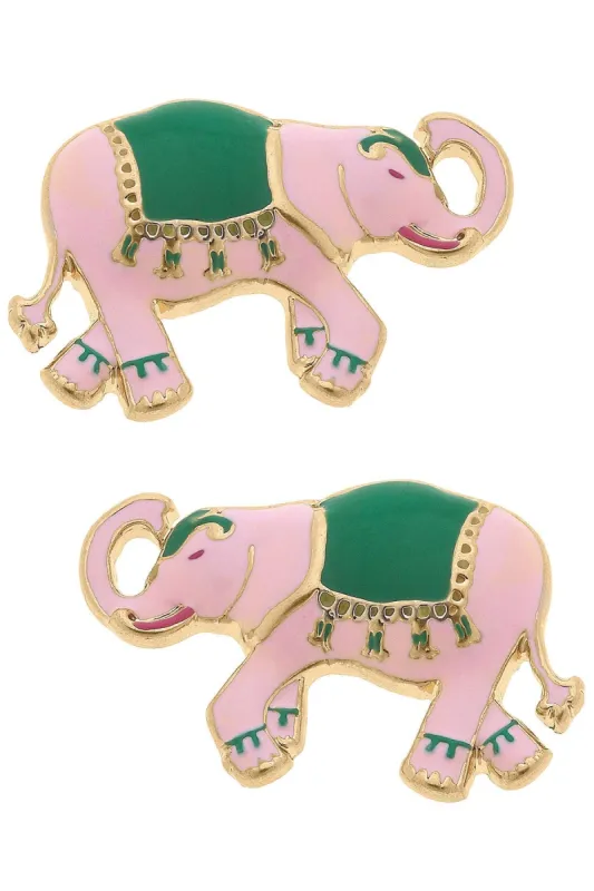 Livy Enamel Elephant Stud Earrings in Pink & Green sold by Canvas Style