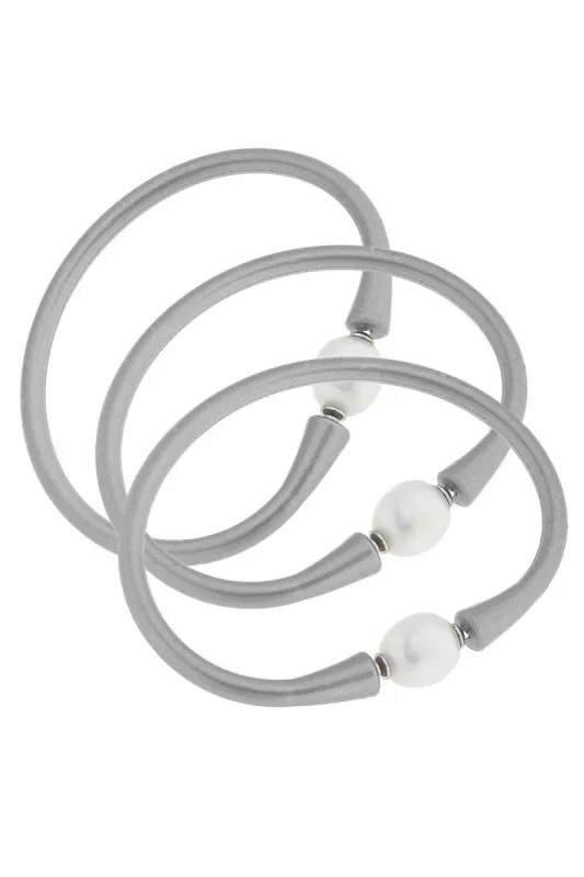 Bali Freshwater Pearl Silicone Bracelet Set of 3 in Metallic Silver - FINAL SALE sold by Canvas Style