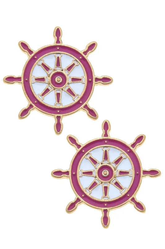 Bridget Enamel Nautical Ship's Wheel Stud Earrings in Pink & White sold by Canvas Style