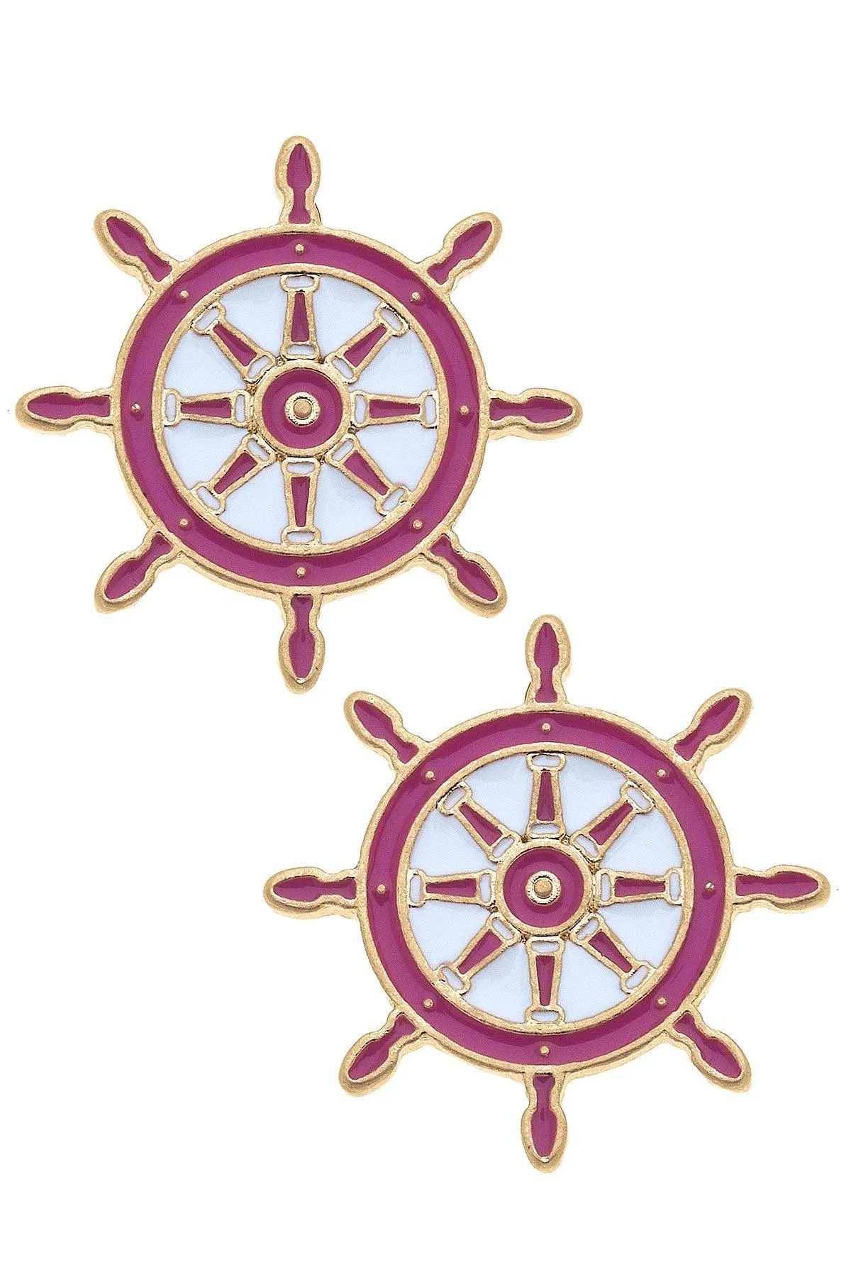 Bridget Enamel Nautical Ship's Wheel Stud Earrings in Pink & White sold by Canvas Style