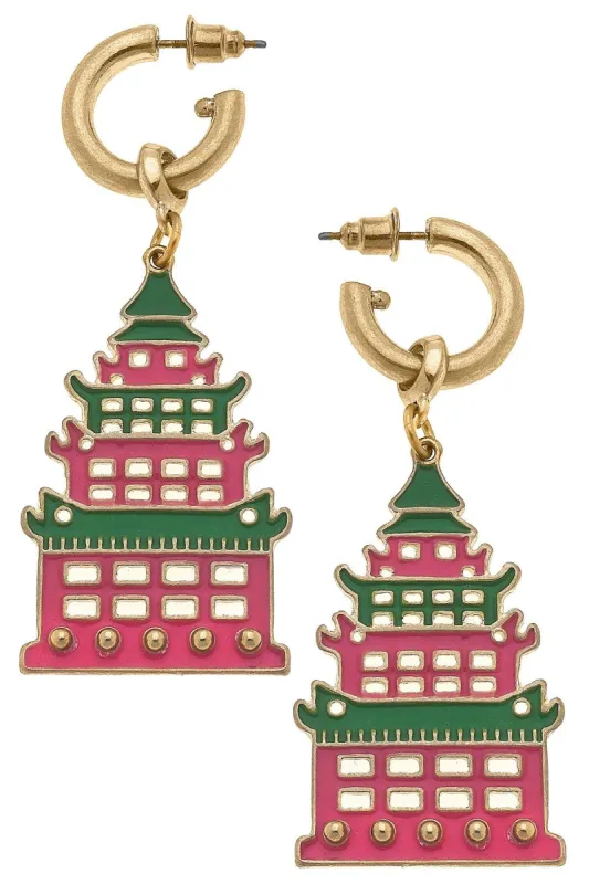 Tiffany Enamel Pagoda Earrings in Green & Pink sold by Canvas Style