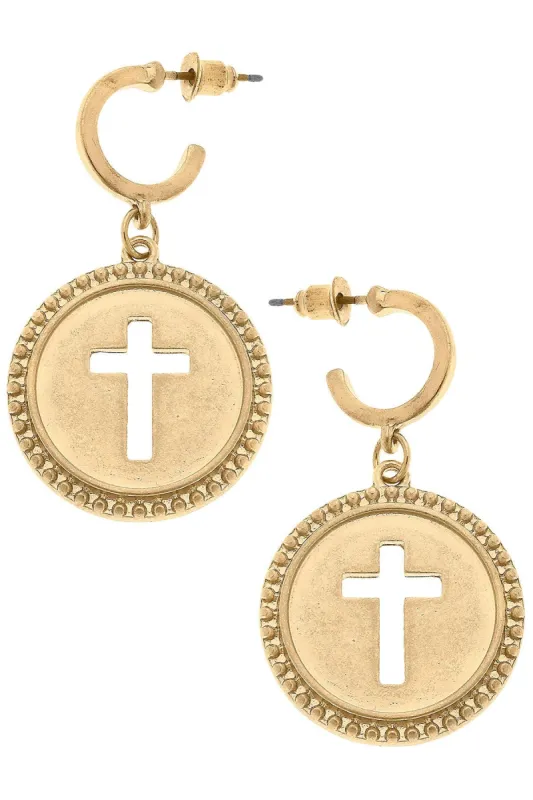 Candace Coin Cross Drop Hoop Earrings in Worn Gold sold by Canvas Style