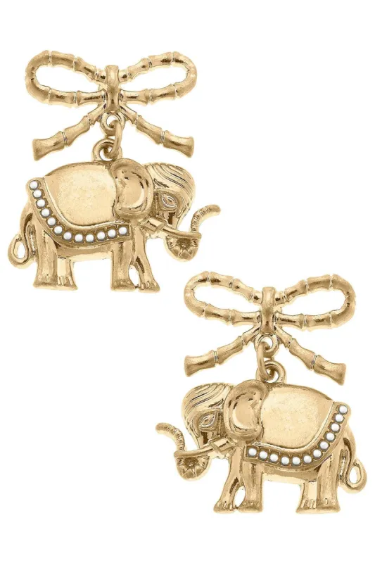 Vega Pearl-Studded Elephant & Bow Drop Earrings in Worn Gold sold by Canvas Style