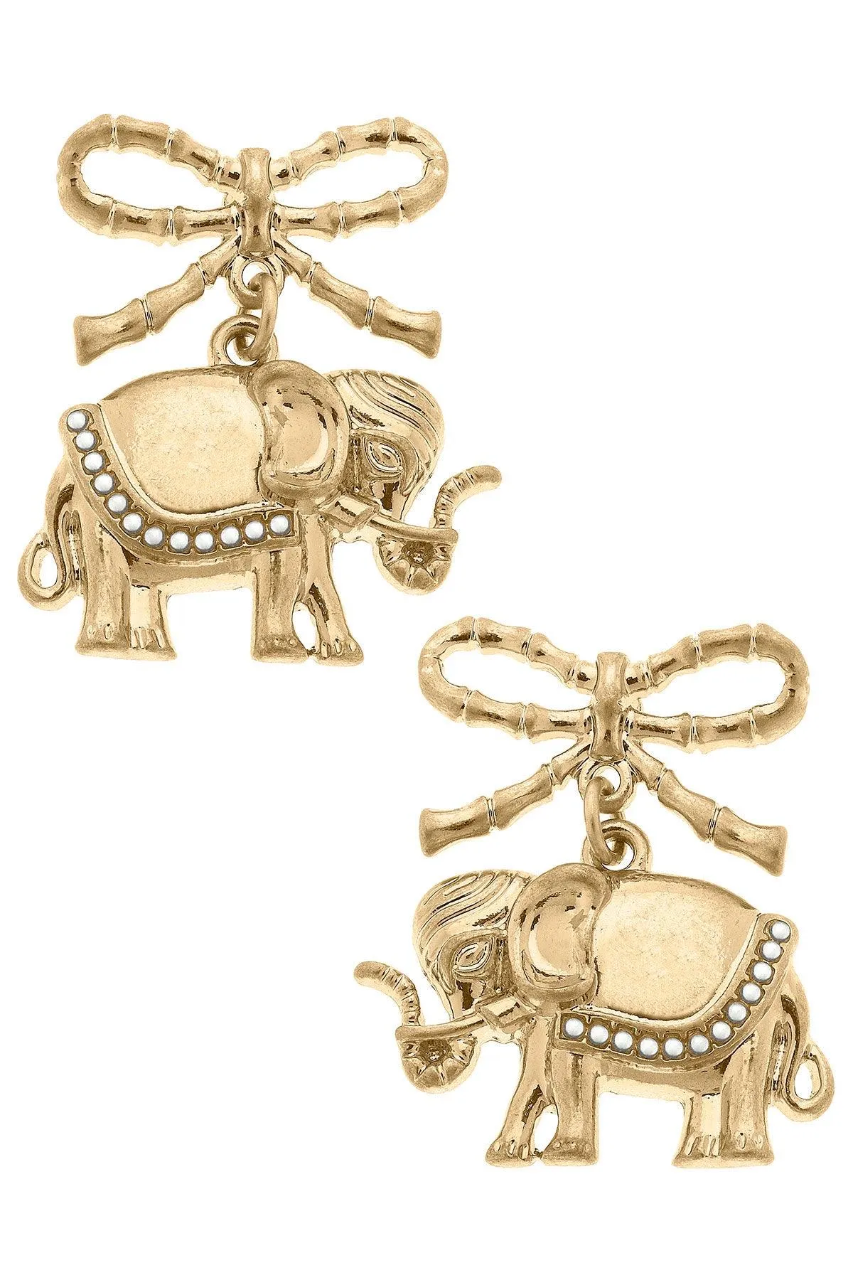 Vega Pearl-Studded Elephant & Bow Drop Earrings in Worn Gold sold by Canvas Style