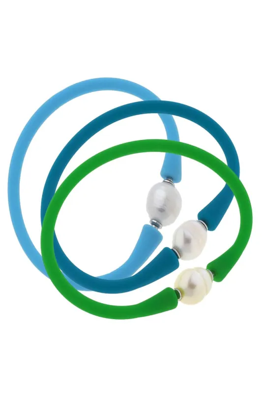 Bali Freshwater Pearl Silicone Bracelet Stack of 3 in Green, Teal & Aqua sold by Canvas Style