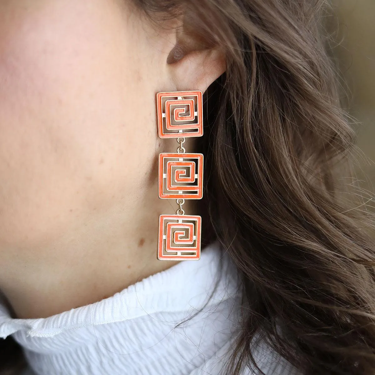 Gretchen Game Day Greek Keys Linked Enamel Earrings in Orange sold by Canvas Style product image thumbnail 2