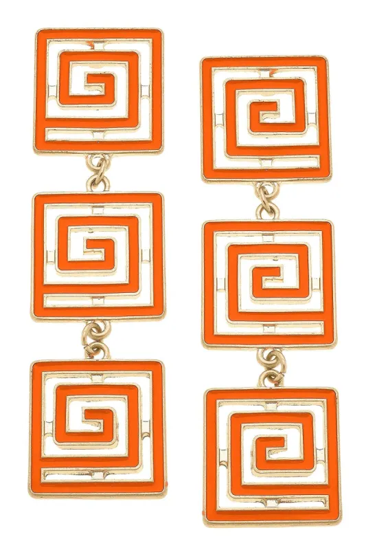 Gretchen Game Day Greek Keys Linked Enamel Earrings in Orange sold by Canvas Style