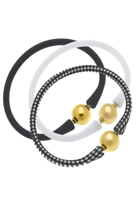 Bali 24K Gold Silicone Bracelet Stack of 3 in Gingham Black, White & Black sold by Canvas Style