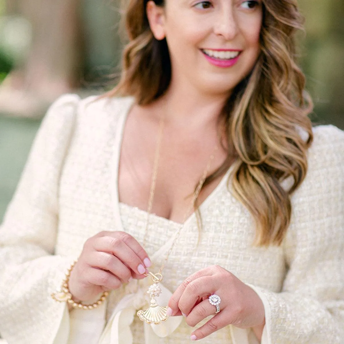 Suz French Fan & Pearl Cluster Pendant T-Bar Necklace in Worn Gold sold by Canvas Style product image thumbnail 3