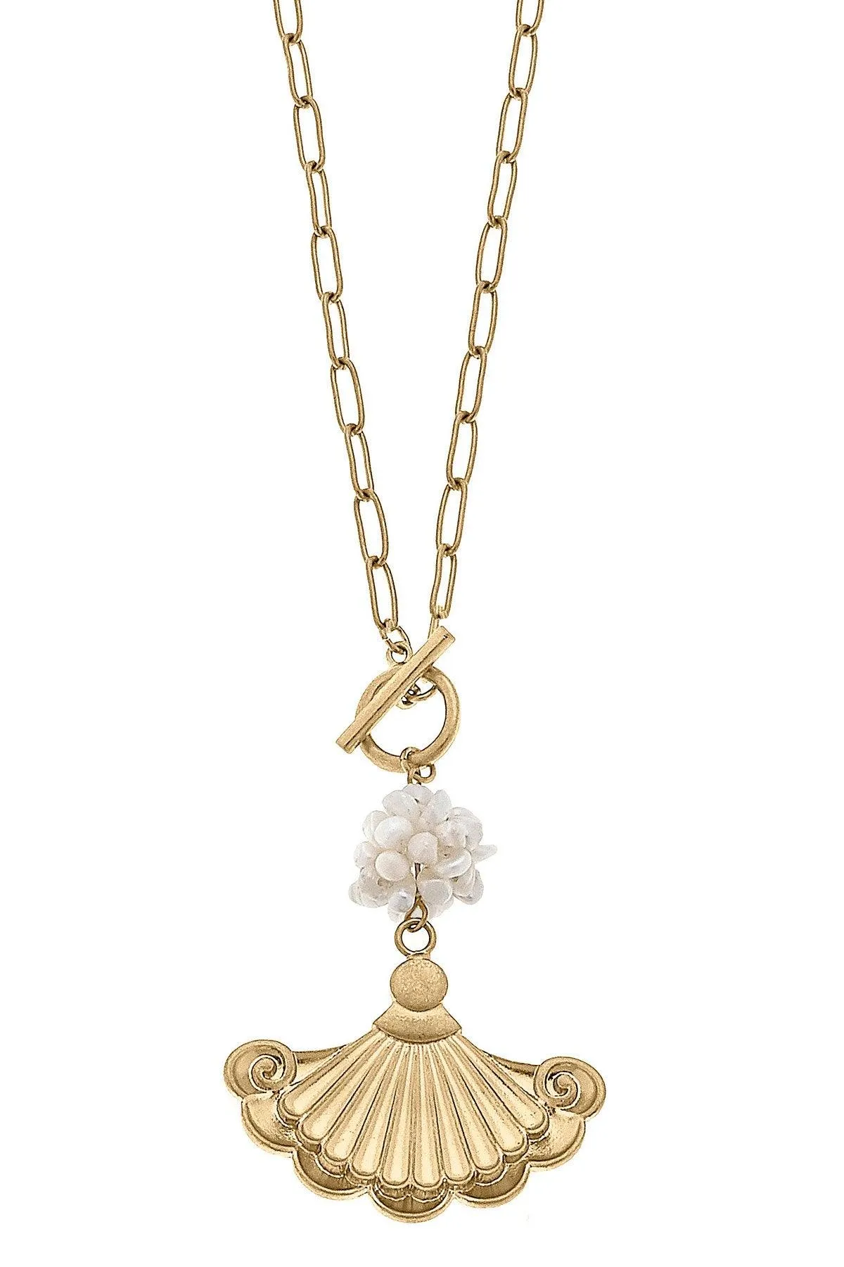 Suz French Fan & Pearl Cluster Pendant T-Bar Necklace in Worn Gold sold by Canvas Style