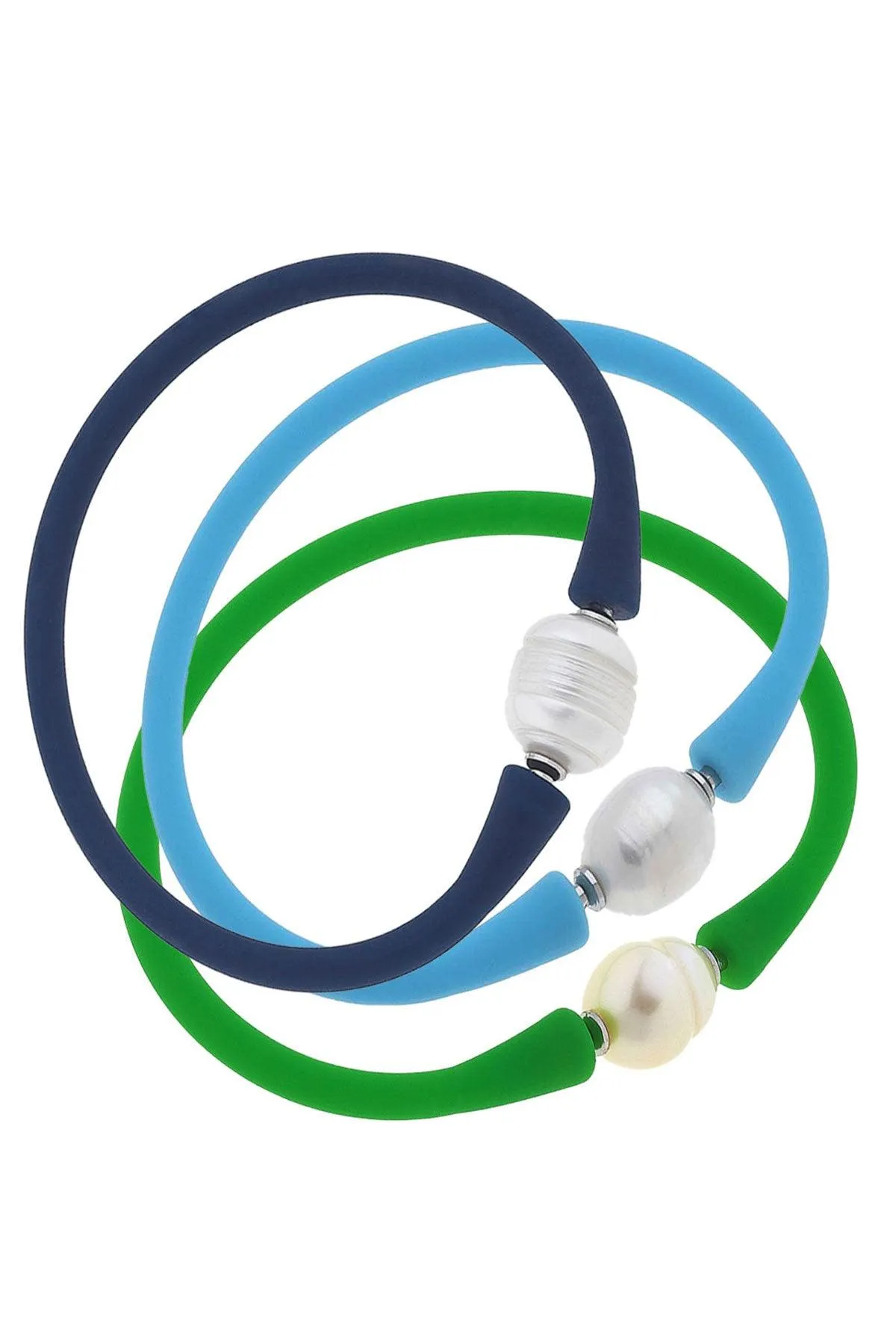 Bali Freshwater Pearl Silicone Bracelet Stack of 3 in Navy, Aqua & Green sold by Canvas Style
