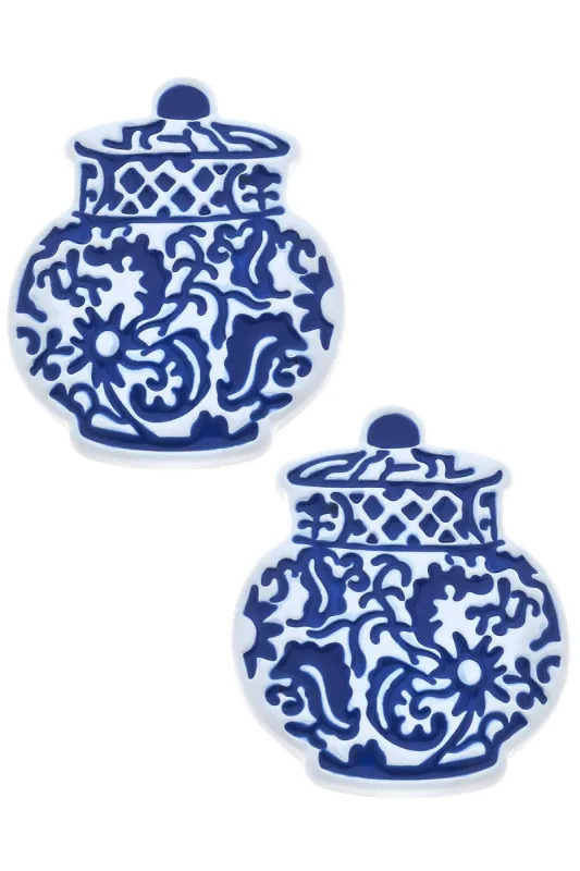 Courtney Enamel Chinoiserie Ginger Jar Stud Earrings in Blue & White sold by Canvas Style