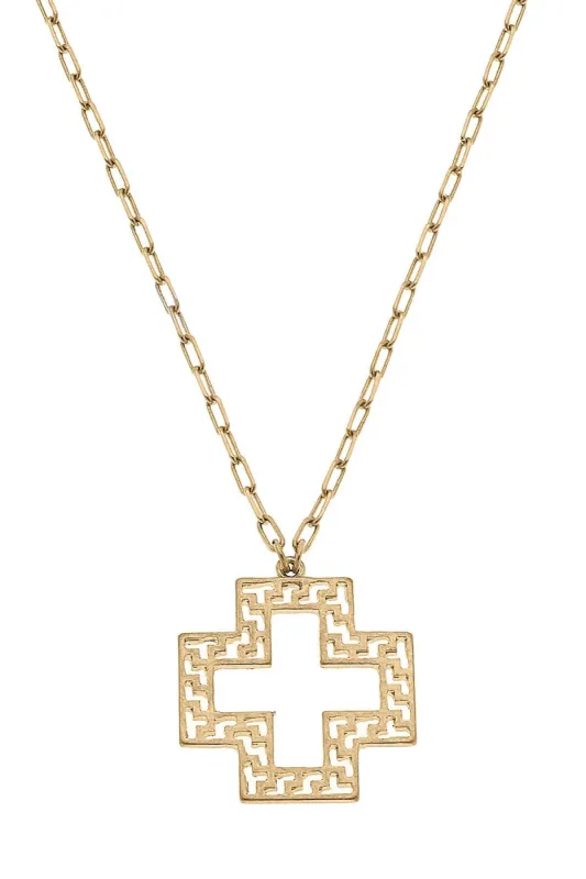 Kristin Greek Keys Cross Pendant Necklace in Worn Gold sold by Canvas Style