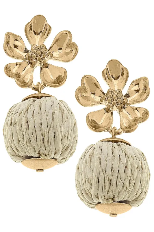 Lilah Flower Stud with Raffia Ball Earrings in Natural sold by Canvas Style