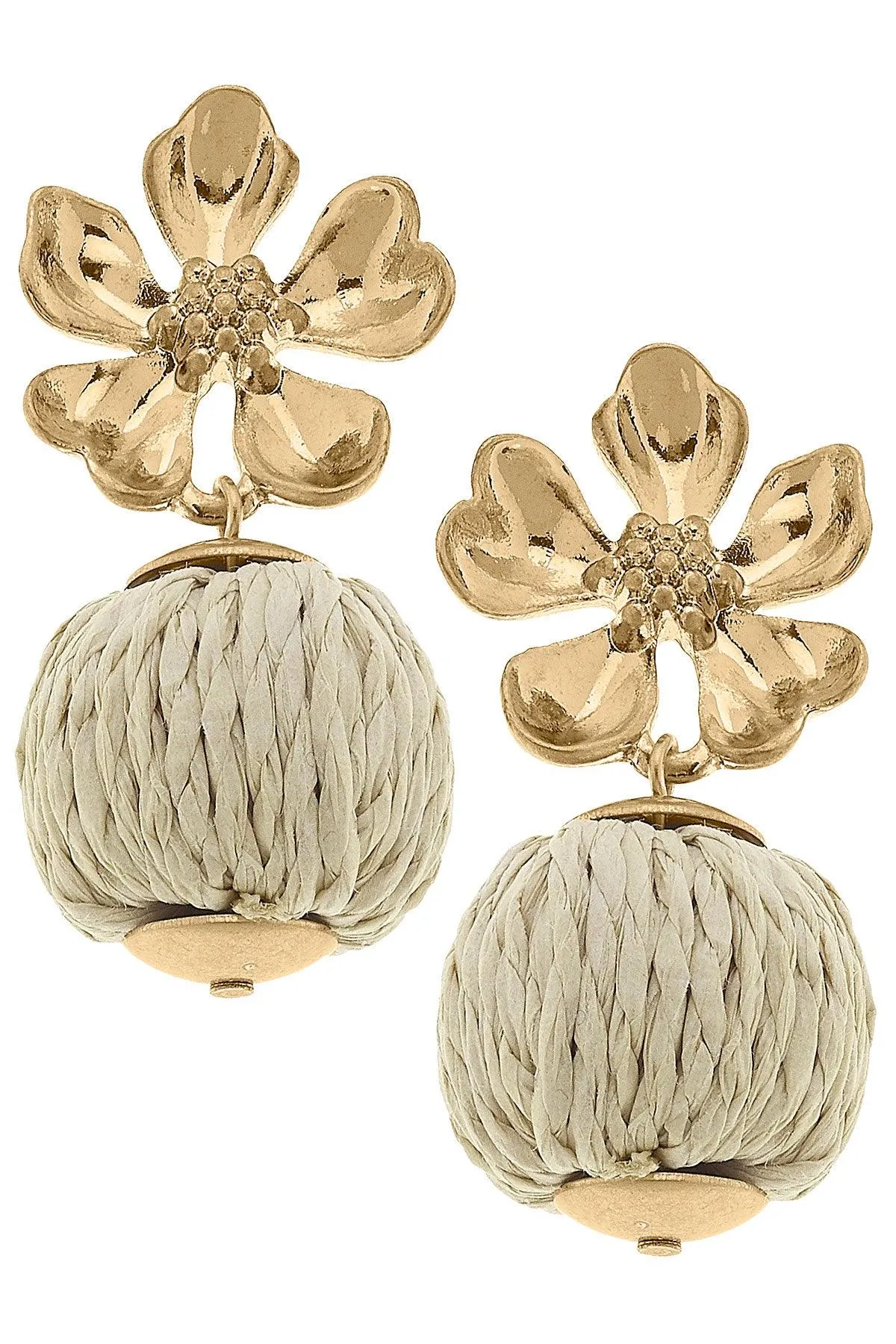 Lilah Flower Stud with Raffia Ball Earrings in Natural sold by Canvas Style