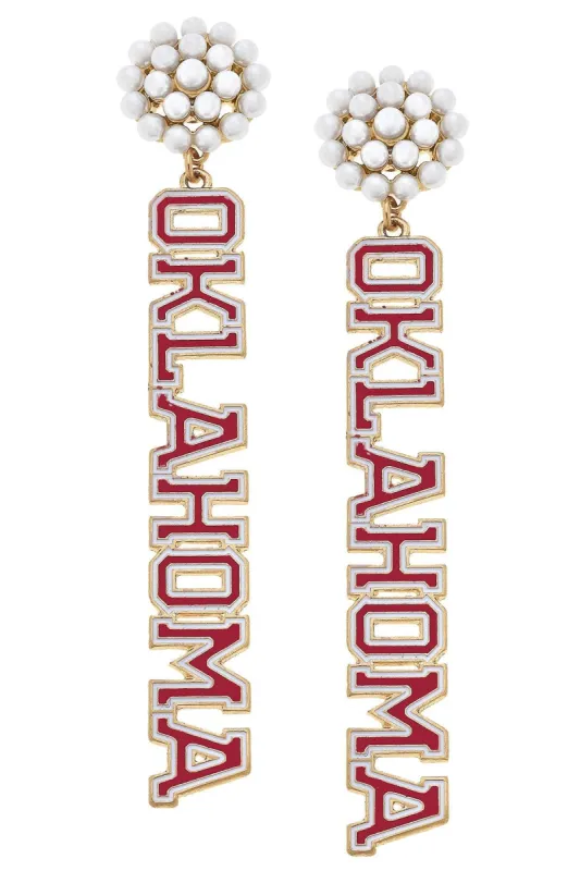 Oklahoma Sooners Pearl Cluster Outline Enamel Drop Earrings sold by Canvas Style