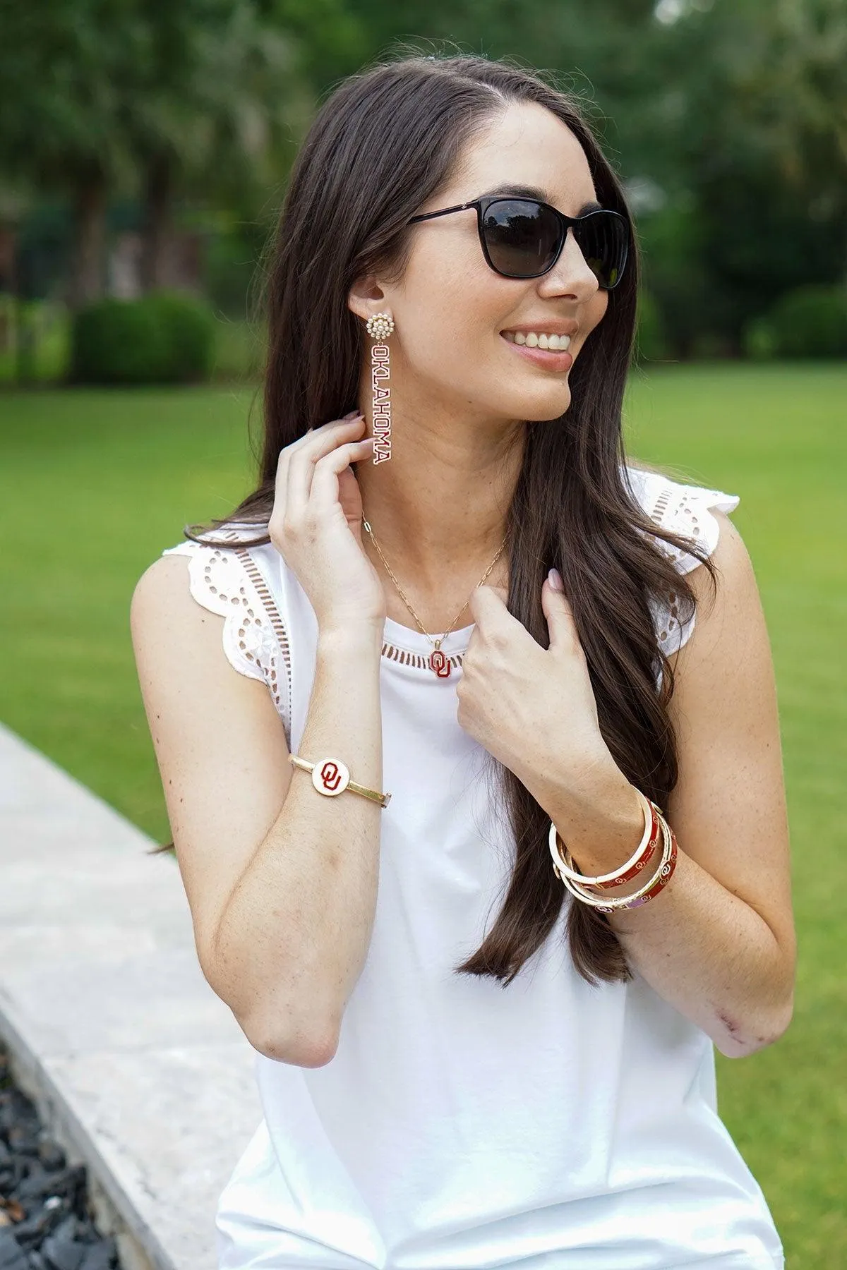 Oklahoma Sooners Pearl Cluster Outline Enamel Drop Earrings sold by Canvas Style product image thumbnail 2