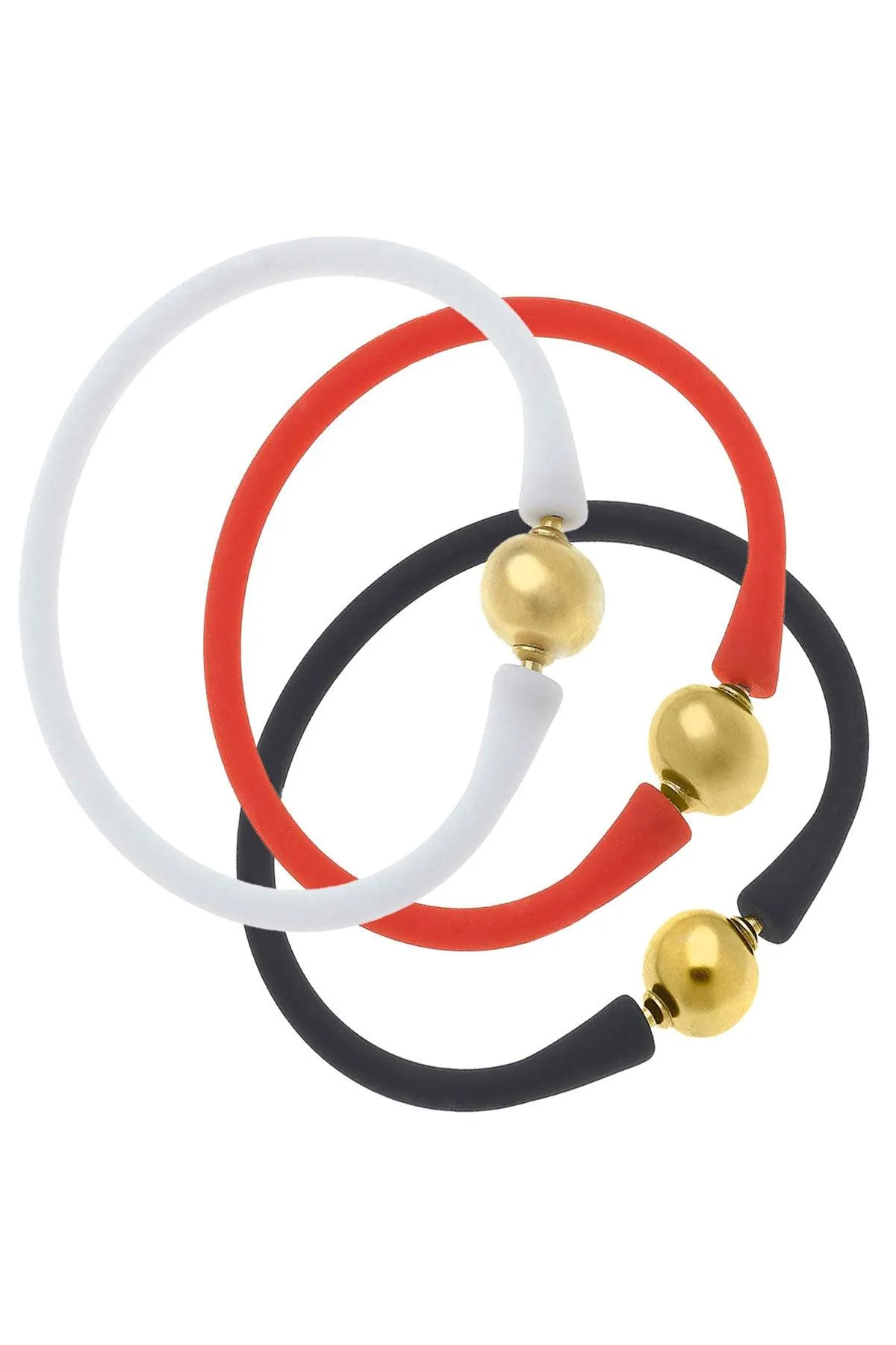 Bali 24K Gold Silicone Bracelet Stack of 3 in Orange, White & Black sold by Canvas Style