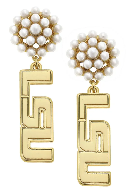 LSU Tigers Pearl Cluster 24K Gold Plated Logo Earrings sold by Canvas Style