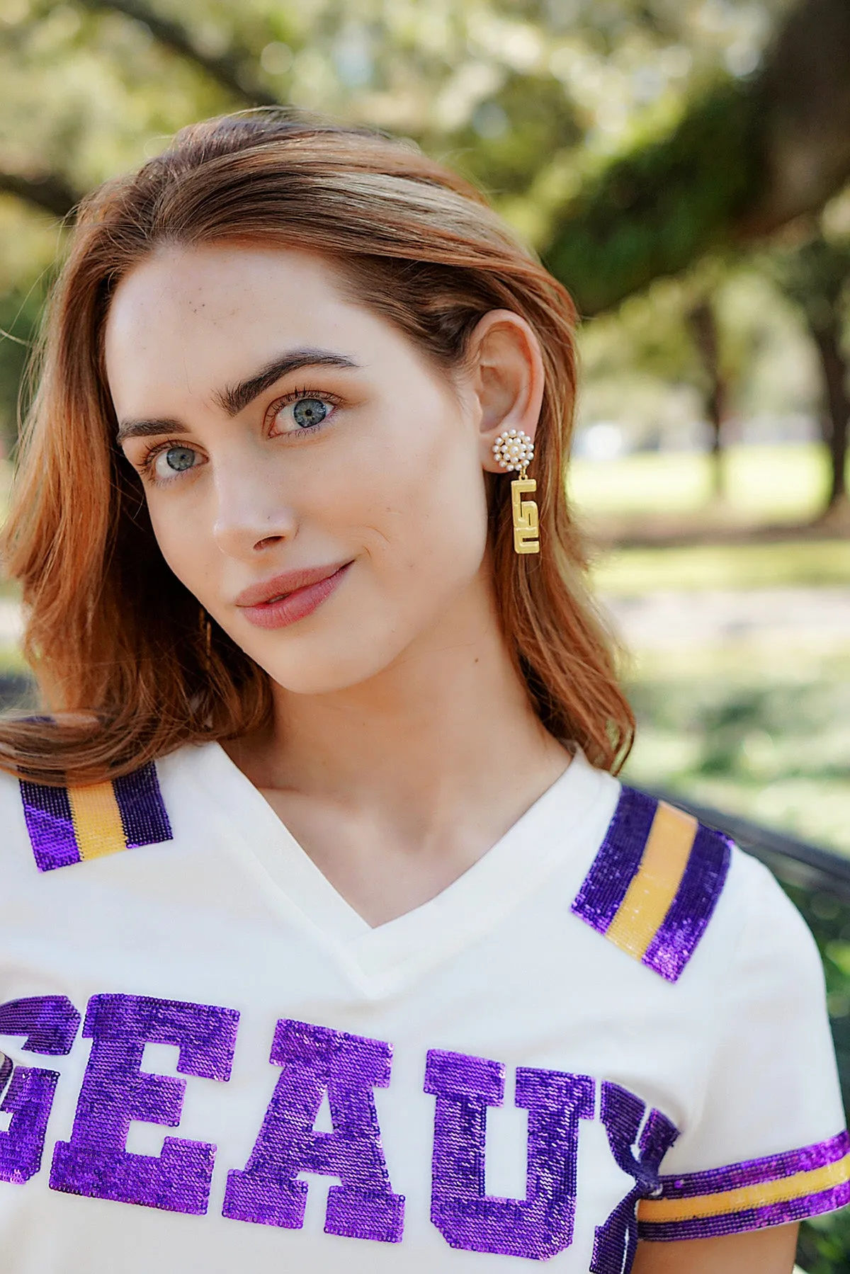 LSU Tigers Pearl Cluster 24K Gold Plated Logo Earrings sold by Canvas Style product image thumbnail 2
