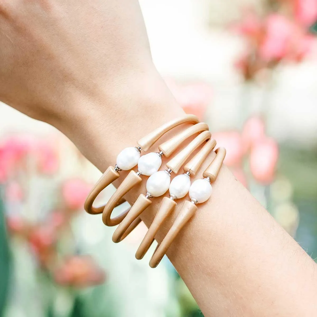 Bali Freshwater Pearl Silicone Bracelet in Metallic Gold sold by Canvas Style product image thumbnail 4