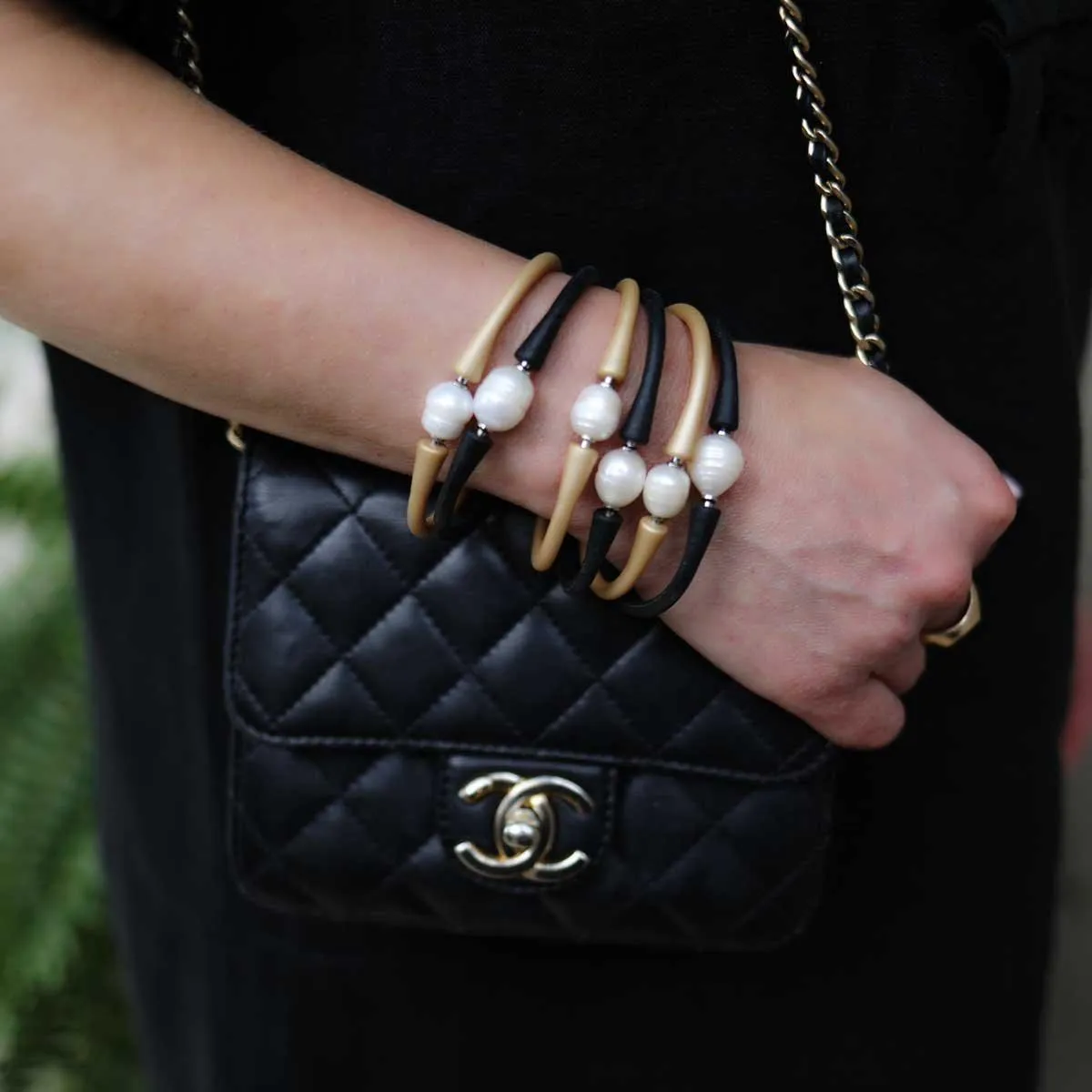 Bali Freshwater Pearl Silicone Bracelet in Metallic Gold sold by Canvas Style product image thumbnail 3