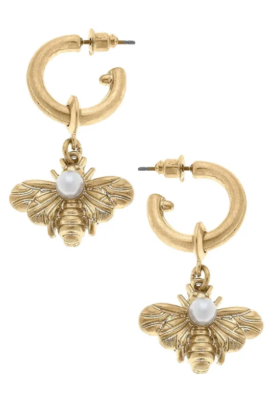 Martine Bee & Pearl Drop Hoop Earrings in Worn Gold - FINAL SALE sold by Canvas Style