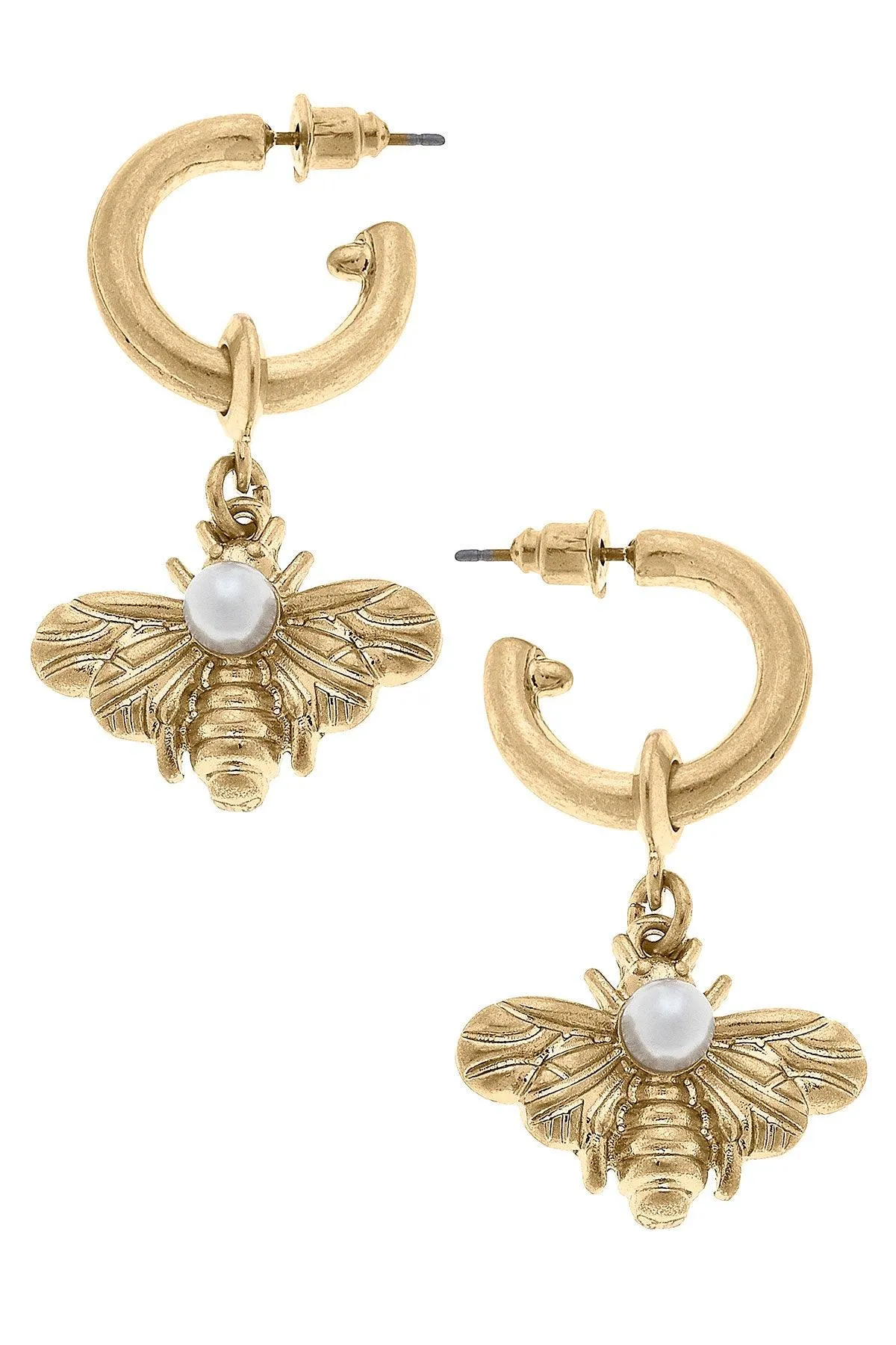 Martine Bee & Pearl Drop Hoop Earrings in Worn Gold - FINAL SALE sold by Canvas Style