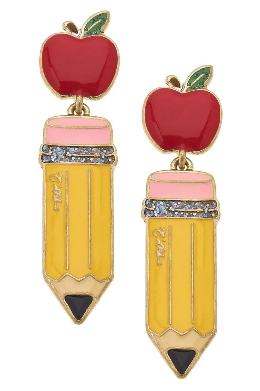Teacher's Pet Apple & Pencil Enamel Earrings sold by Canvas Style