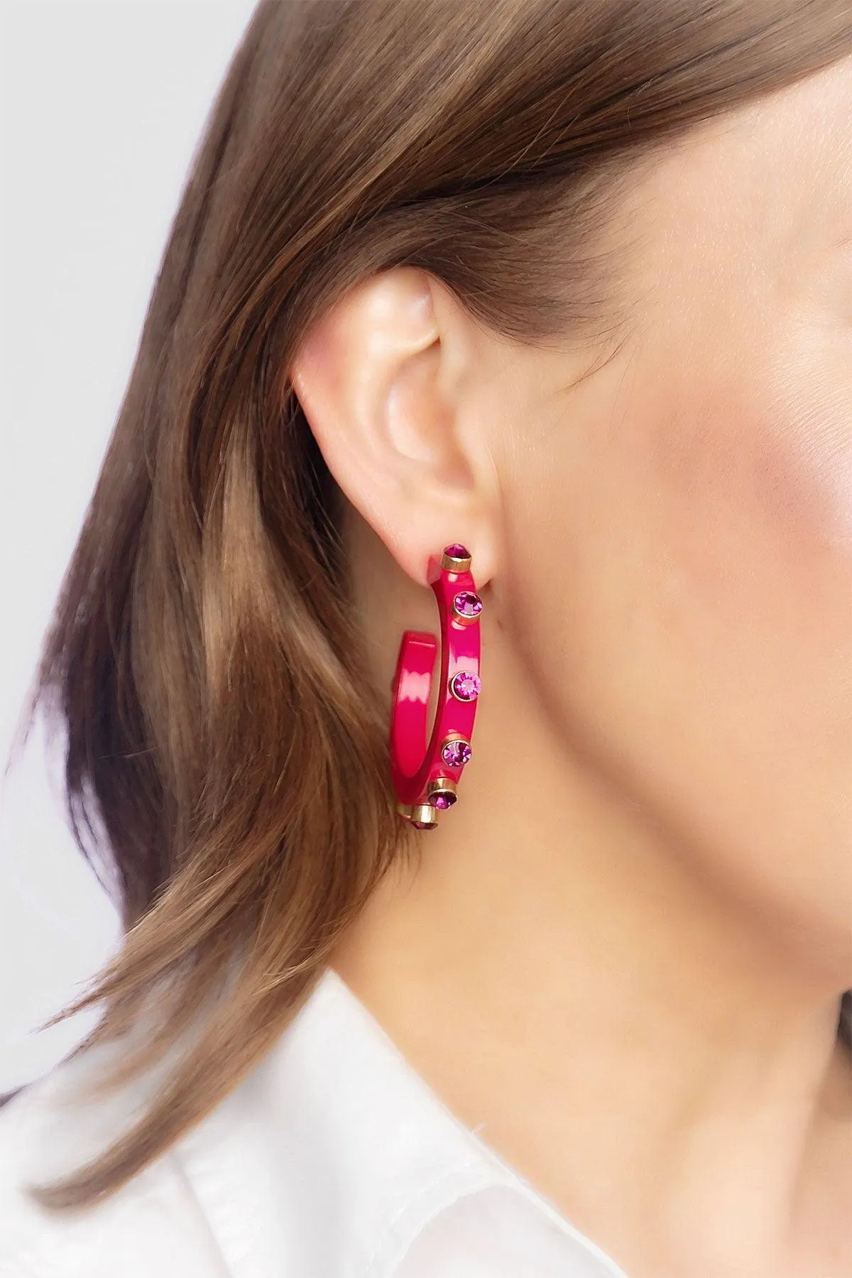 Renee Resin and Rhinestone Hoop Earrings in Fuchsia sold by Canvas Style product image thumbnail 2