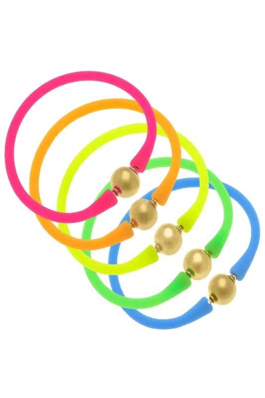 Bali 24K Gold Silicone Bracelet Stack of 5 in Neon Pink, Neon Orange, Neon Yellow, Neon Green & Aqua - FINAL SALE sold by Canvas Style