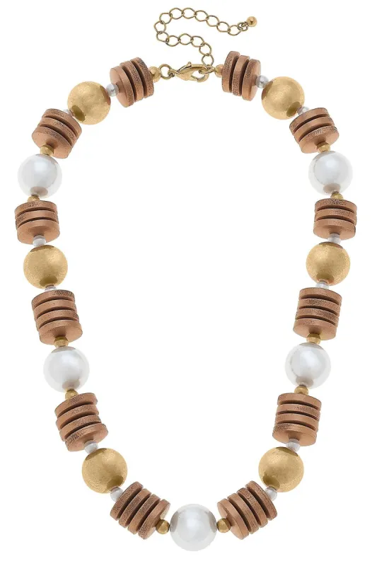 Sheridan Pearl, Wood & Gold Bead Statement Necklace in Ivory - FINAL SALE sold by Canvas Style