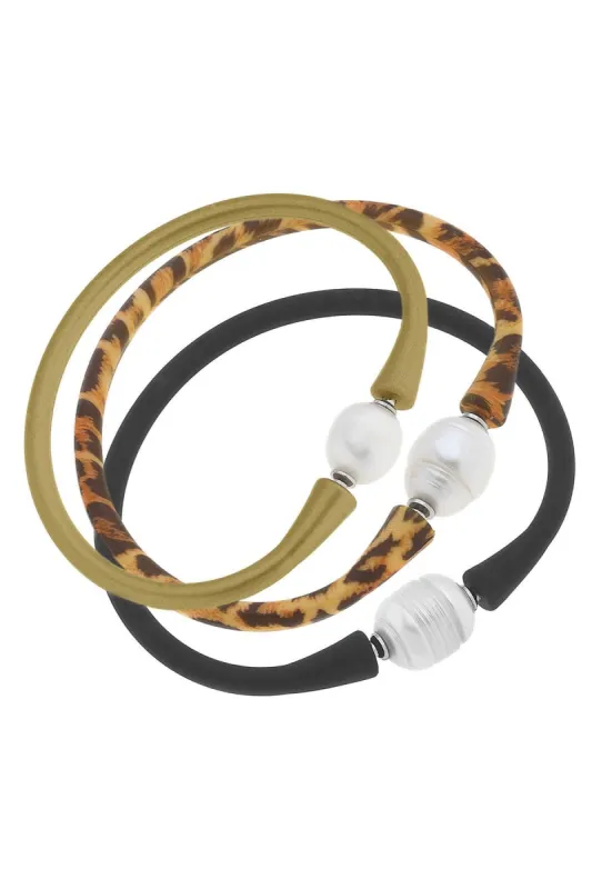 Bali Freshwater Pearl Silicone Leopard Bracelet Set of 3 sold by Canvas Style
