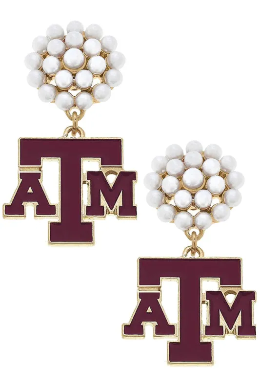 Texas A&M Aggies Pearl Cluster Enamel Drop Earrings sold by Canvas Style