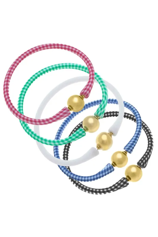 Bali 24K Gold Silicone Bracelet Stack of 5 in Pink Gingham, Green Gingham, White, Blue Gingham & Black Gingham sold by Canvas Style