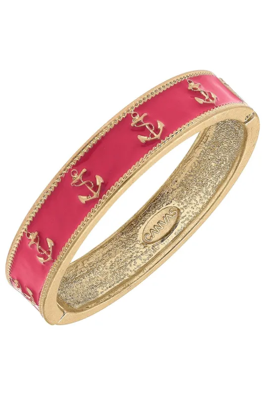 Darcy Enamel Nautical Anchor Hinge Bangle in Pink sold by Canvas Style