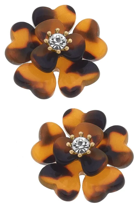 Pixie Resin & Rhinestone Flower Stud Earrings in Tortoise made by Canvas