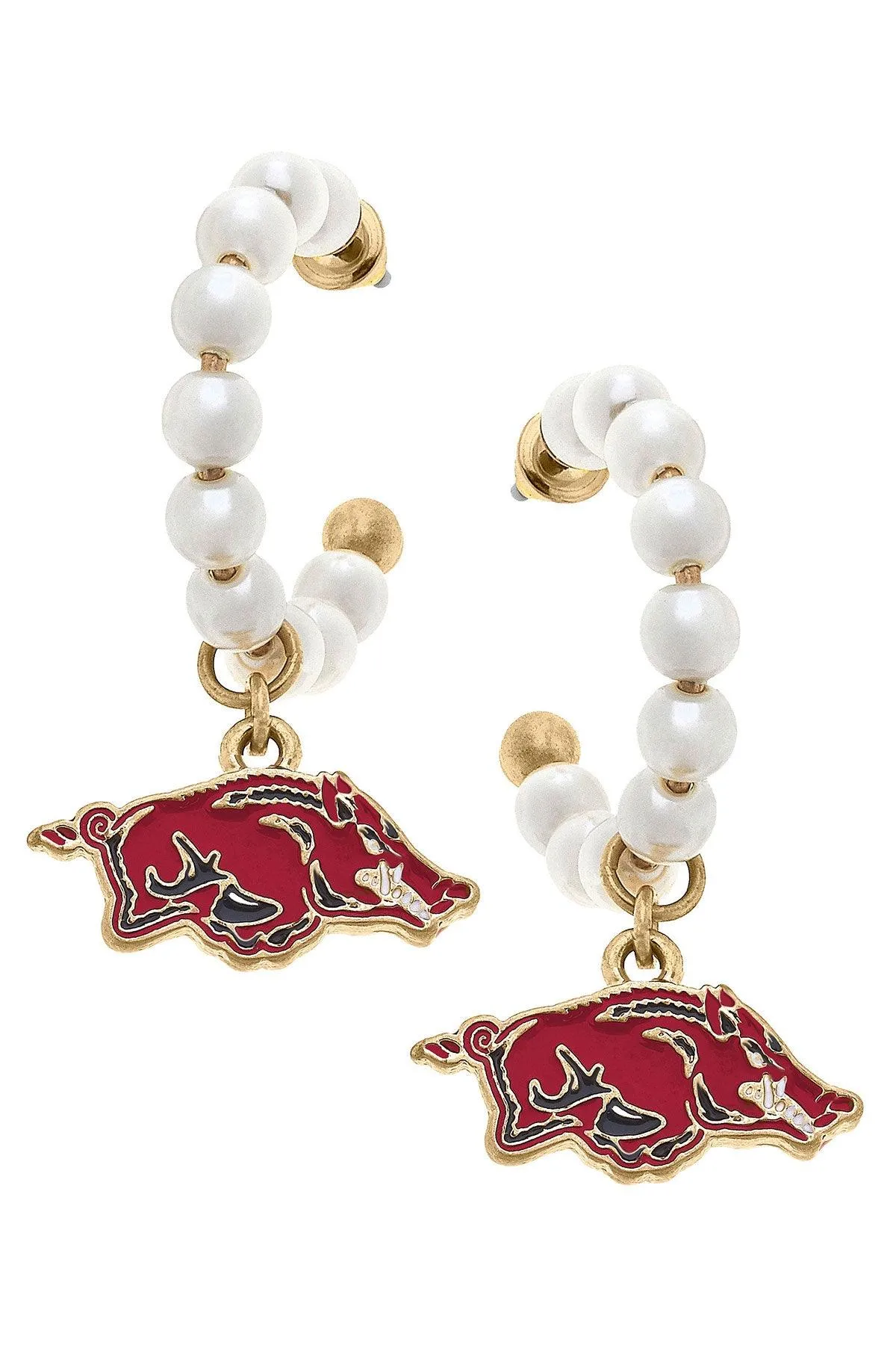 Arkansas Razorbacks Pearl Hoop Enamel Drop Earrings sold by Canvas Style