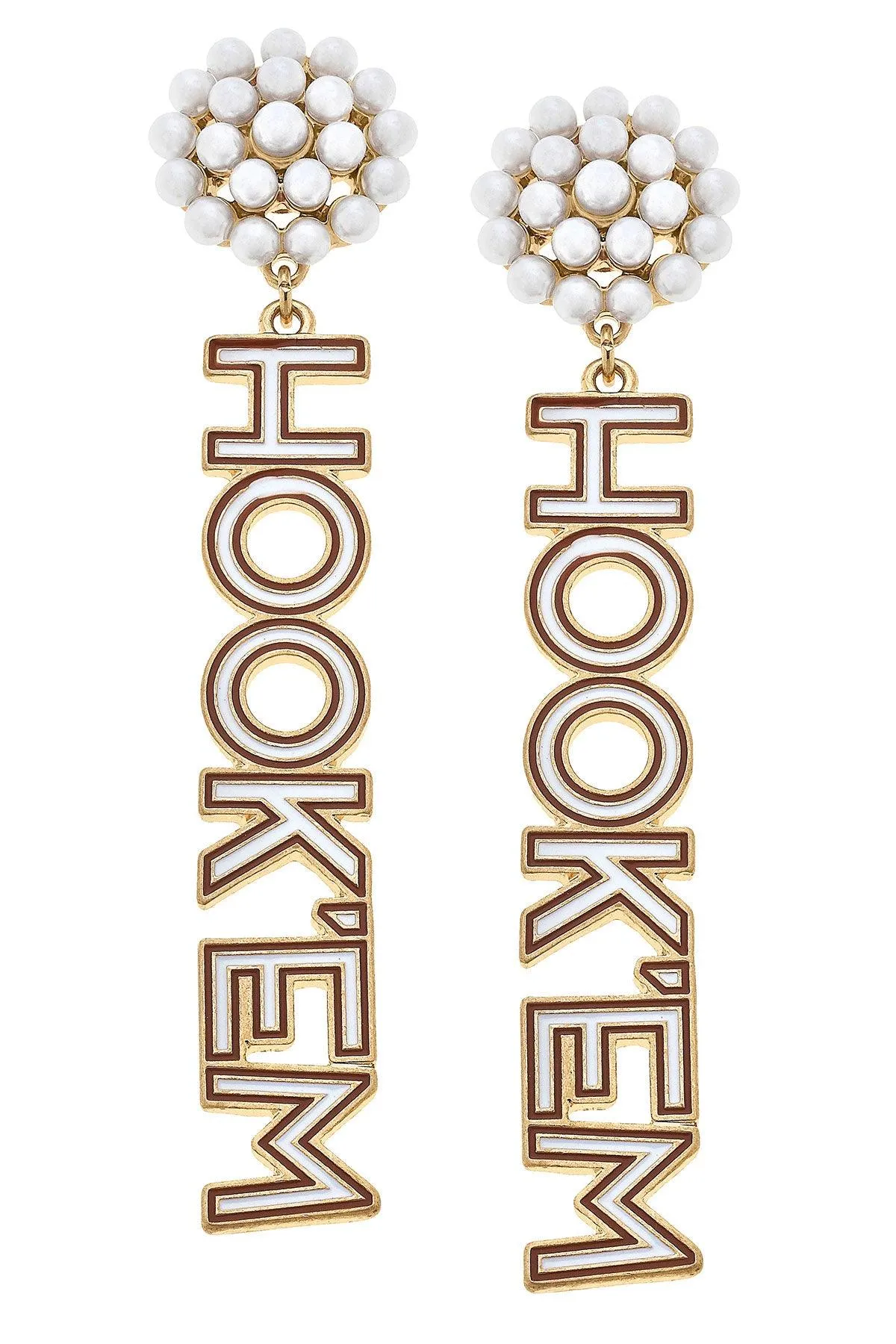 Texas Longhorns Pearl Cluster Outline Enamel Drop Earrings sold by Canvas Style