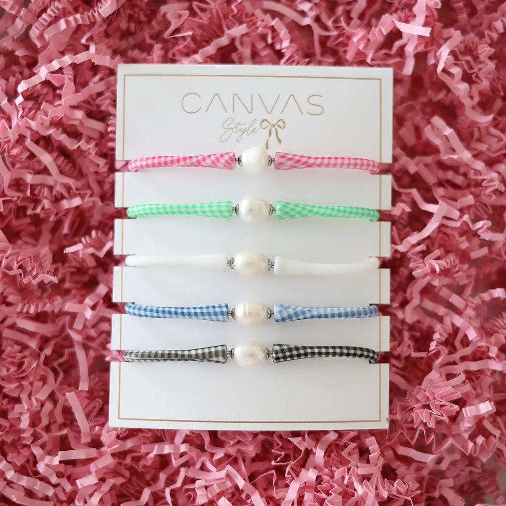 Bali Freshwater Pearl Silicone Bracelet Stack of 5 in Pink Gingham, Green Gingham, White, Blue Gingham, Black Gingham sold by Canvas Style product image thumbnail 2