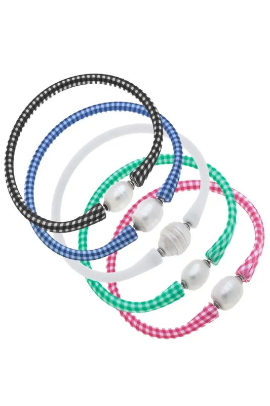 Bali Freshwater Pearl Silicone Bracelet Stack of 5 in Pink Gingham, Green Gingham, White, Blue Gingham, Black Gingham sold by Canvas Style