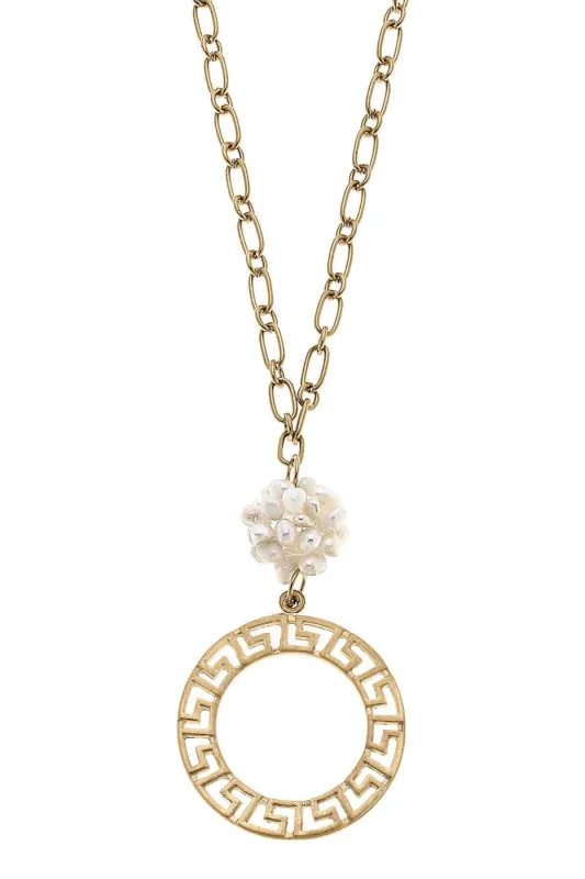 Emery Greek Keys Pendant & Pearl Cluster Necklace in Worn Gold sold by Canvas Style