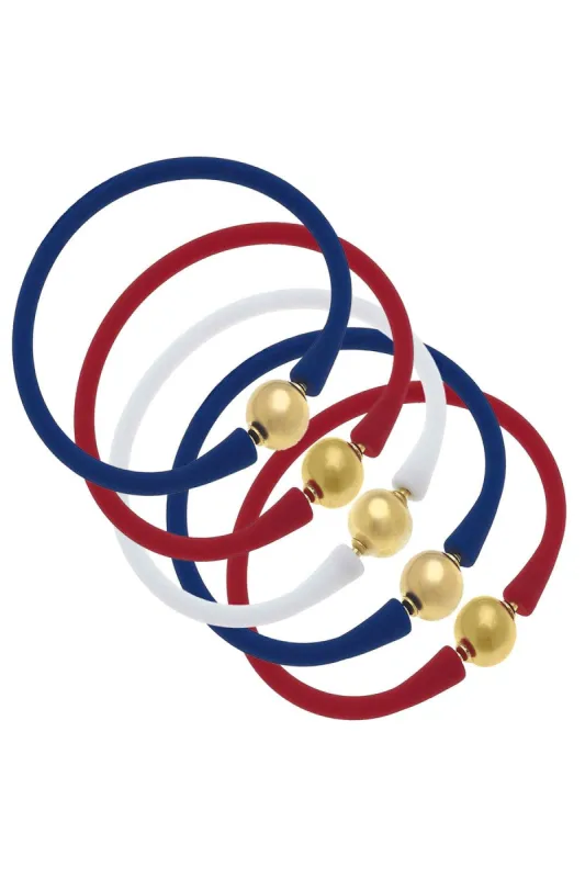 Bali 24K Gold Silicone Bracelet Stack of 5 in Red, White & Royal Blue sold by Canvas Style